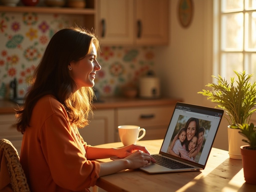 Una mujer sonríe frente a su laptop, viendo una foto de su familia en la pestaña nueva, en una cocina cálida